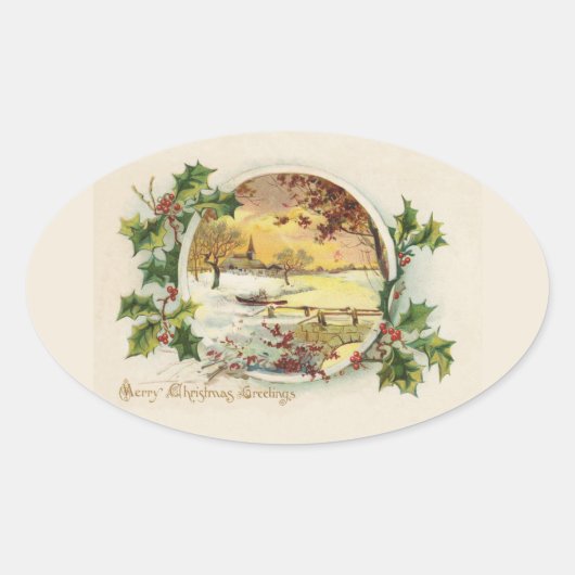 Merry KerstGreetings Village Scene Ovale Sticker (Voorkant)