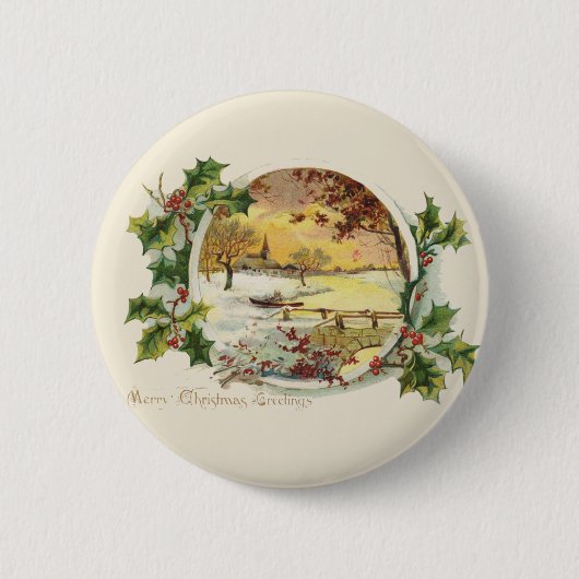 Merry KerstGreetings  Village Scene Ronde Button 5,7 Cm (Voorkant)