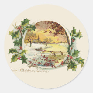 Merry KerstGreetings Village Scene Ronde Sticker