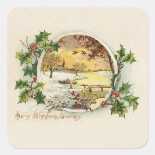 Merry KerstGreetings Village Scene Vierkante Sticker