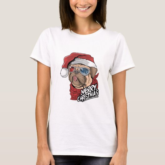 Merry Kersthipster Pug T-shirt (Voorkant)