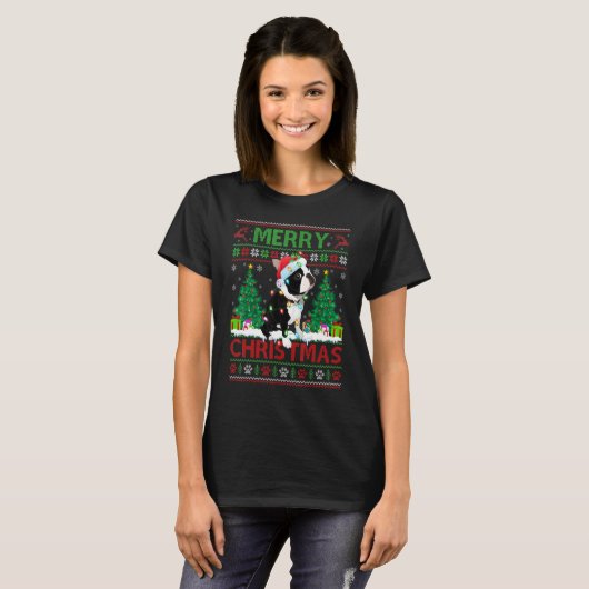 Merry KerstLighting Ugly Boston Terrier Chris T-shirt (Voorkant volledig)
