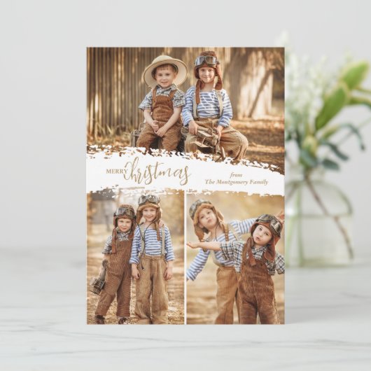 Merry Kerstmis 3 Foto Collage Feestdagenkaart (Staand voorkant)