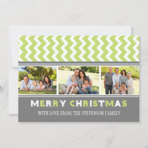 Merry Kerstmis 3 Fotokaart Gray Green Chevron Feestdagenkaart