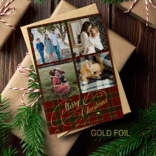 Merry Kerstmis 4 fotocollage rood tartan Folie Feestdagenkaart