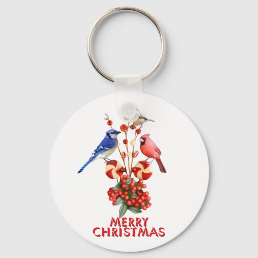 Merry Kerstmis Cardinale Blue Jay Chickadee Sleutelhanger (Voorkant)