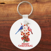 Merry Kerstmis Cardinale Blue Jay Chickadee Sleutelhanger (Voorkant)
