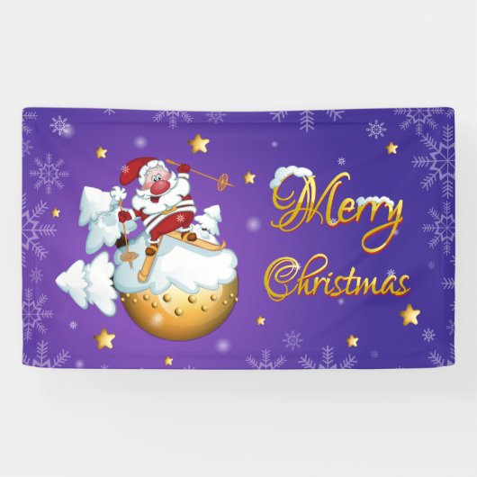 Merry Kerstmis Cute Funny Winter Skiing Santa Spandoek (Horizontaal)