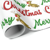Merry Kerstmis Flying Reindeer Red script Cadeaupapier (Rol Hoek)