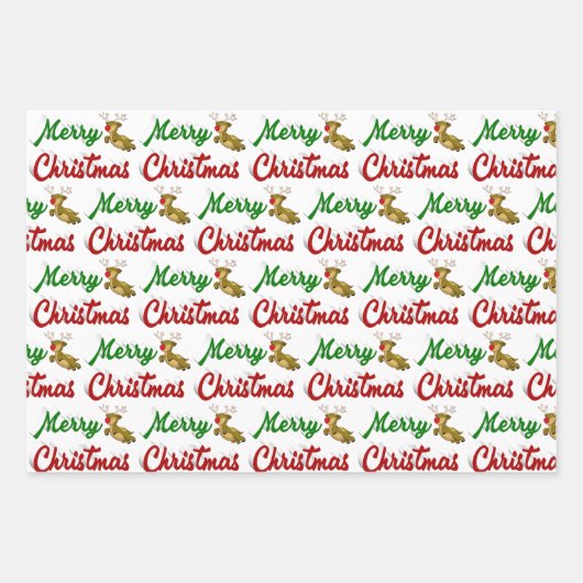 Merry Kerstmis Flying Reindeer Red script Inpakpapier Vel (Voorkant 3)
