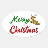 Merry Kerstmis Flying Reindeer Red script Ovale Sticker (Voorkant)