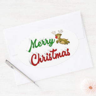 Merry Kerstmis Flying Reindeer Red script Ovale Sticker