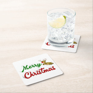 Merry Kerstmis Flying Reindeer Red script Vierkante Kartonnen Onderzetter