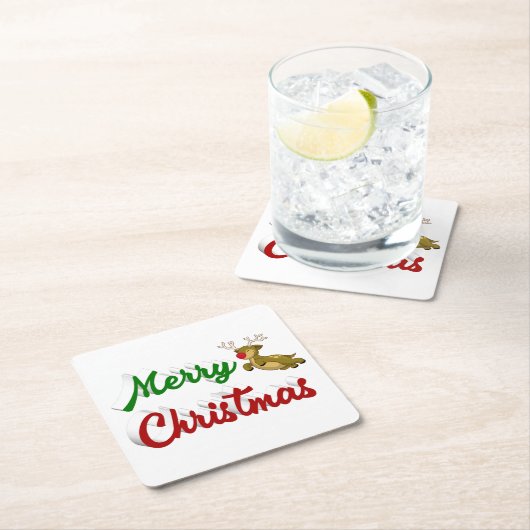 Merry Kerstmis Flying Reindeer Red script Vierkante Kartonnen Onderzetter (Insitu)