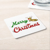 Merry Kerstmis Flying Reindeer Red script Vierkante Kartonnen Onderzetter (Schuin)