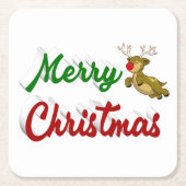 Merry Kerstmis Flying Reindeer Red script Vierkante Kartonnen Onderzetter (Voorkant)