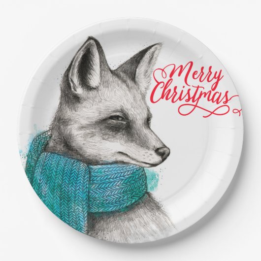 Merry Kerstmis Fox Drawing Papieren Bordje (Voorkant)