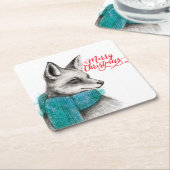 Merry Kerstmis Fox Drawing Vierkante Kartonnen Onderzetter (Schuin)