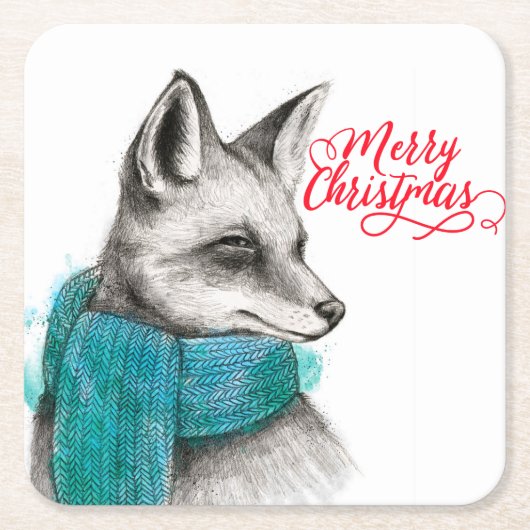 Merry Kerstmis Fox Drawing Vierkante Kartonnen Onderzetter (Voorkant)
