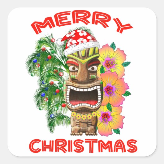 Merry Kerstmis Funny Santa Tiki Vierkante Sticker (Voorkant)