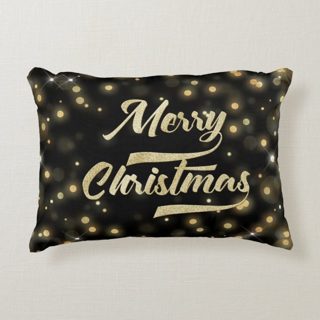 Merry Kerstmis Glitter Bokeh Gold Black Accent Kussen (Voorkant)