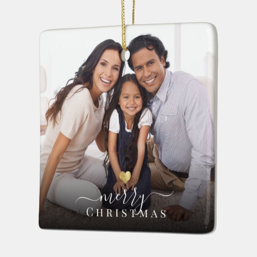Merry Kerstmis Gold Heart Modern Script Photo Keramisch Ornament (Links)