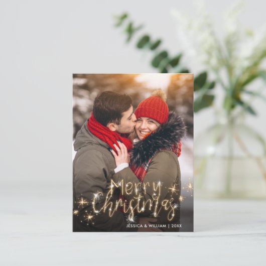 Merry Kerstmis Gold Sparkle Script PHOTO Greep Briefkaart (Staand voorkant)