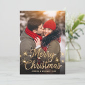 Merry Kerstmis Gold Sparkle Script PHOTO Greep Feestdagenkaart (Staand voorkant)