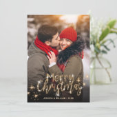 Merry Kerstmis Gold Sparkle Script PHOTO Greep Feestdagenkaart (Staand voorkant)
