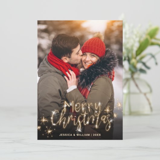 Merry Kerstmis Gold Sparkle Script PHOTO Greep Feestdagenkaart (Staand voorkant)