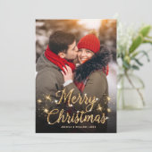 Merry Kerstmis Gold Sparkle Script PHOTO Greep Feestdagenkaart (Staand voorkant)