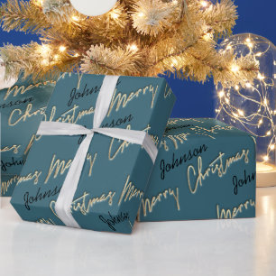 Merry Kerstmis Golden Script Name Black Blauwgroen Cadeaupapier
