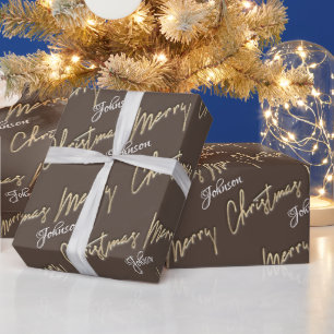 Merry Kerstmis Golden Script Name Brown Ivory Cadeaupapier