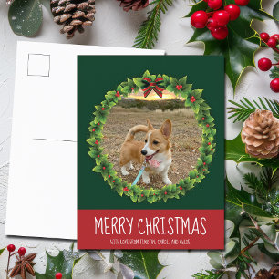 Merry Kerstmis met Cute Custom Dog Foto Green Briefkaart