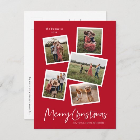 Merry Kerstmis Modern 5 Foto Collage Feestdagenkaart (Voorkant / Achterkant)