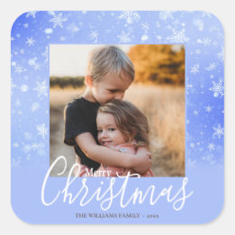 Merry Kerstmis Modern Foto Snowy Winter Paars Vierkante Sticker