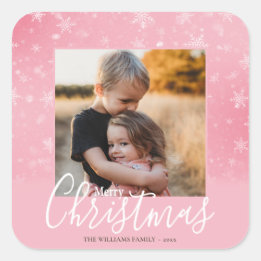Merry Kerstmis Modern Foto Snowy Winter Pink Vierkante Sticker