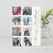 Merry Kerstmis Modern Gold Script 8 Foto Collage Feestdagenkaart (Staand voorkant)