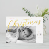 Merry Kerstmis Modern Gold Script-foto Folie Feestdagenkaart (Staand Voorkant)