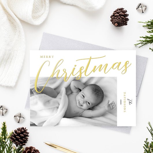 Merry Kerstmis Modern Gold Script-foto Folie Feestdagenkaart