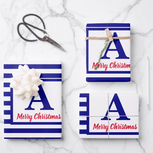 Merry Kerstmis Nautical Monogram Red Blue Inpakpapier Vel (Voorkant)