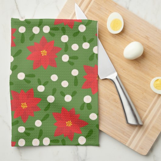 Merry Kerstmis Poinsettia Polka Dots Pattern Theedoek (Quarter Fold)