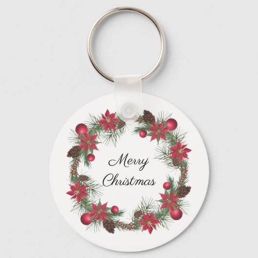 Merry Kerstmis Poinsettia Wreath Sleutelhanger (Voorkant)
