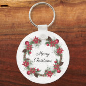 Merry Kerstmis Poinsettia Wreath Sleutelhanger (Voorkant)