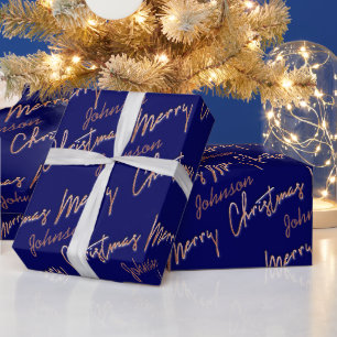 Merry Kerstmis Roos Gold Script van Name Navy Cadeaupapier