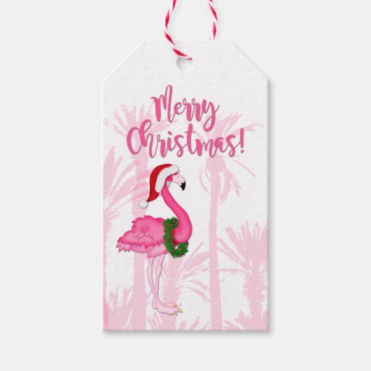 Merry Kerstmis roze roze flamingo Palm Trees Cadeaulabel (Voorkant)