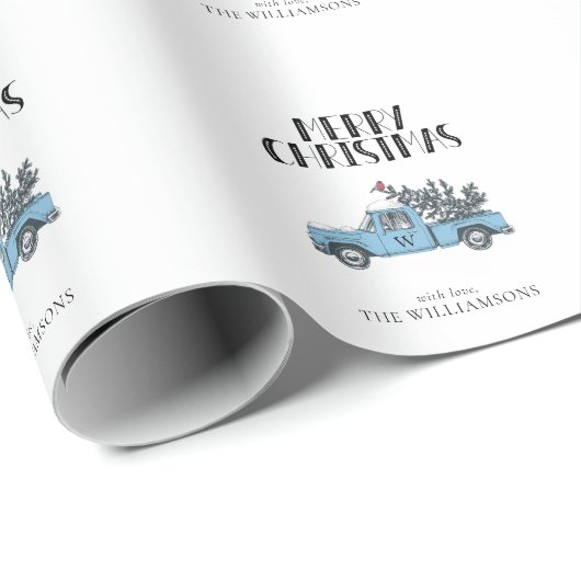 Merry Kerstmis  Truck and Tree Monogram Cadeaupapier (Rol Hoek)