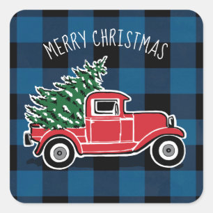 Merry Kerstmis Truck Blue Buffalo Pset Vierkante Sticker