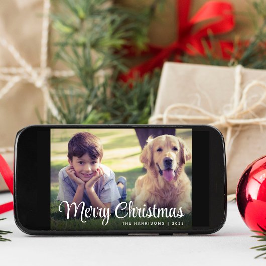 Merry Kerstmis White Script Photo Overlay Feestdagenkaart