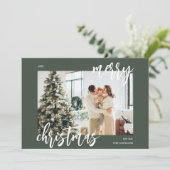 Merry kerstpenseel Script Foto groen Feestdagenkaart (Staand voorkant)